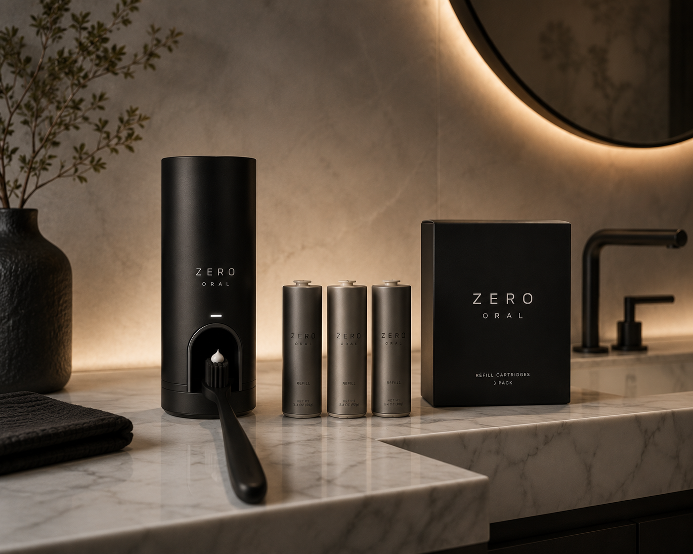 ZERO ORAL automatic toothpaste dispenser in a luxury bathroom